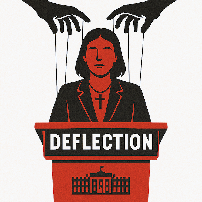 spokesperson standing at podium labeled deflection. she is being controlled by hands holding puppet strings.